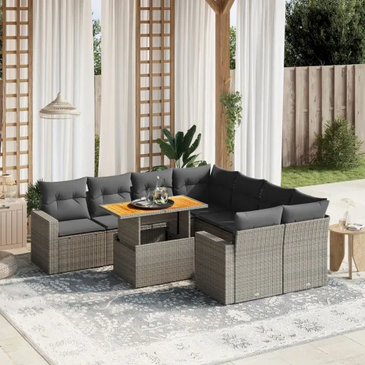 Conjunto Sofás p/ Jardim com Almofadões Vime PE Cinzento (9 pcs)