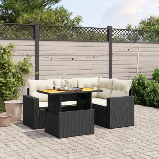 Conjunto Sofás de Jardim com Almofadões Vime PE Preto (5 pcs)