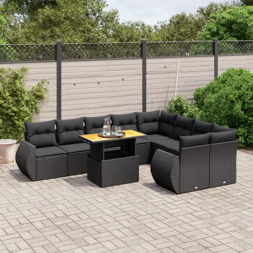 Conjunto Sofás de Jardim c/ Almofadões Vime PE Preto (10 pcs)