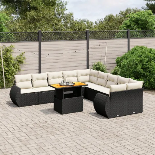 Conjunto Sofás de Jardim c/ Almofadões Vime PE Preto (11 pcs)