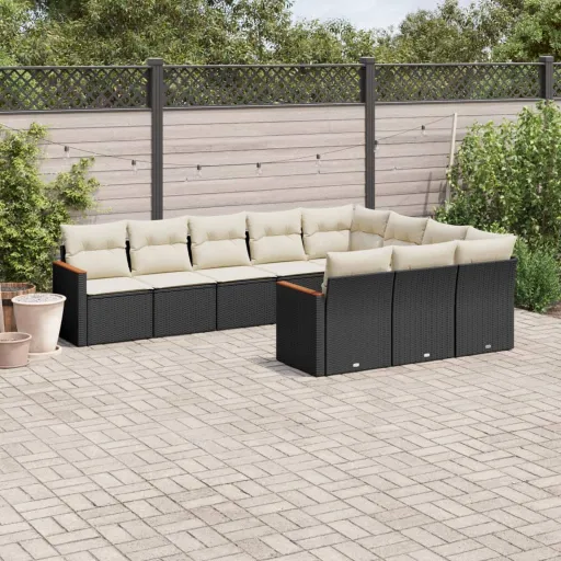 Conjunto Sofás de Jardim c/ Almofadões Vime PE Preto (10 pcs)