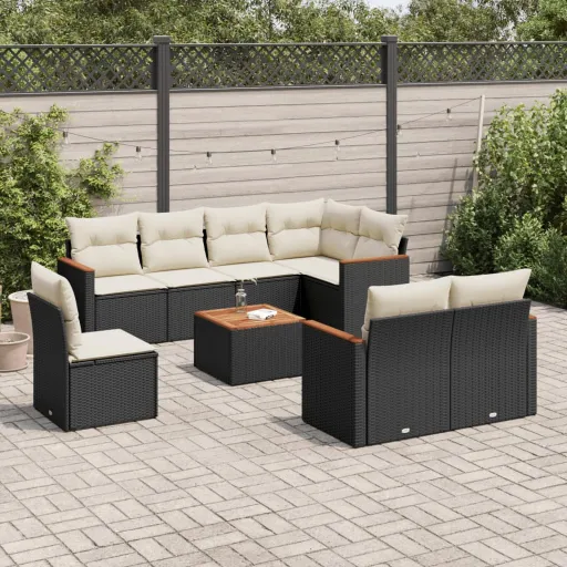 Conjunto de Sofás p/ Jardim c/ Almofadões Vime PE Preto (9 pcs)
