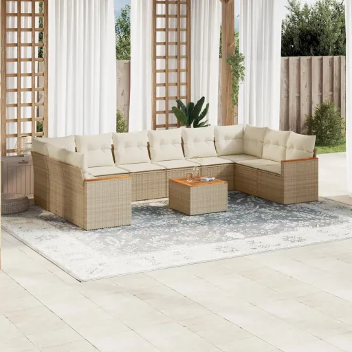 Conjunto Sofás de Jardim c/ Almofadões Vime PE Bege (11 pcs)