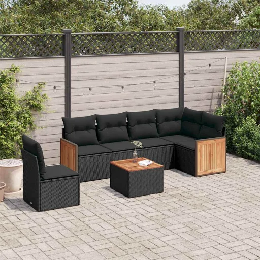 Conjunto de Sofás p/ Jardim c/ Almofadões Vime PE Preto (7 pcs)