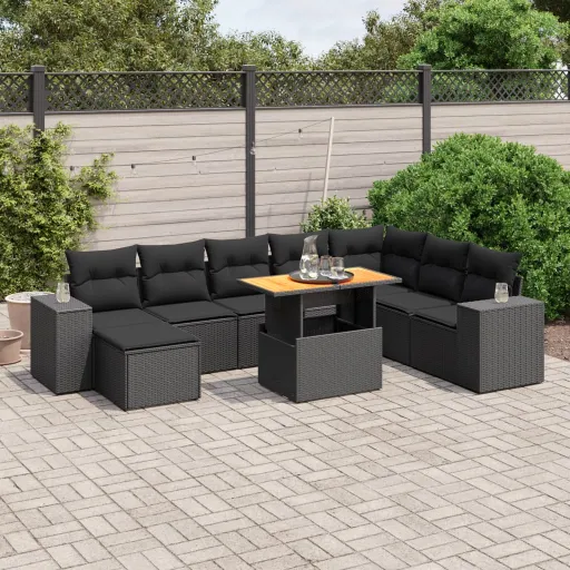 Conjunto de Sofás p/ Jardim c/ Almofadões Vime PE Preto (9 pcs)