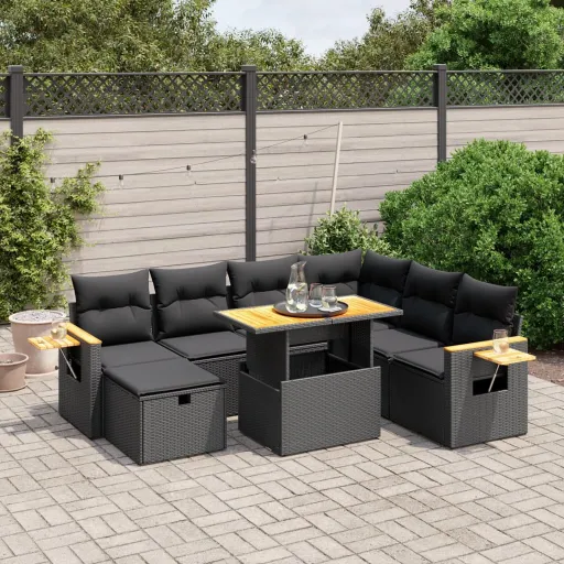 Conjunto Sofás de Jardim com Almofadões Vime PE Preto (8 pcs)