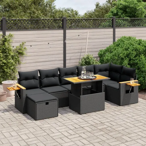 Conjunto Sofás de Jardim com Almofadões Vime PE Preto (8 pcs)