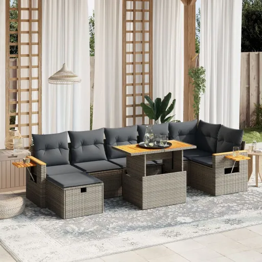 Conjunto Sofás de Jardim c/ Almofadões Vime PE Cinzento (8 pcs)