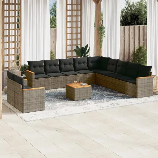 Conjunto de Sofás Jardim c/ Almofadões Vime PE Cinzento (12 pcs)