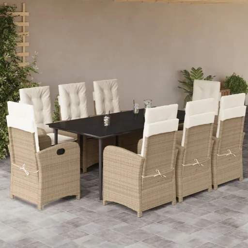 Conjunto de Jantar p/ Jardim com Almofadões Vime PE Bege (9 pcs)