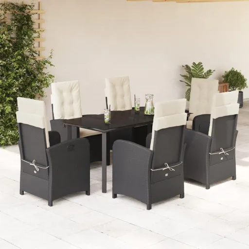 Conjunto de Jantar p/ Jardim c/ Almofadões Vime PE Preto (7 pcs)