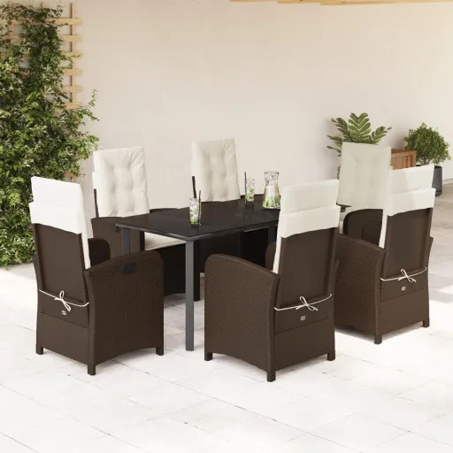 Conjunto Jantar p/ Jardim c/ Almofadões Vime PE Castanho (7 pcs)