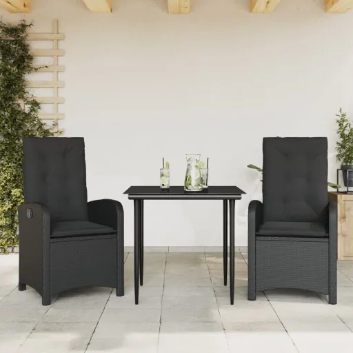 Conjunto de Jantar p/ Jardim c/ Almofadões Vime PE Preto (3 pcs)