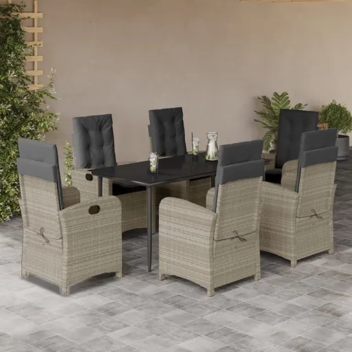 Conj. Jantar p/ Jardim c/ Almofadões Vime PE Cinza-Claro (7 pcs)