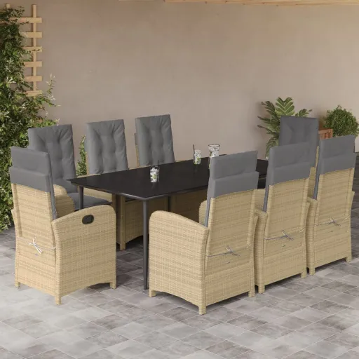 Conj. Jantar Jardim c/ Almofadões Vime PE Bege Misturado (9 pcs)