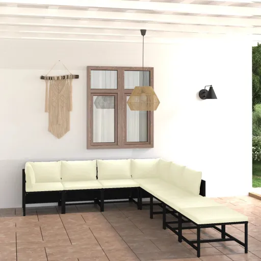 Conjunto Lounge de Jardim c/ Almofadões Vime PE Preto (8 pcs)