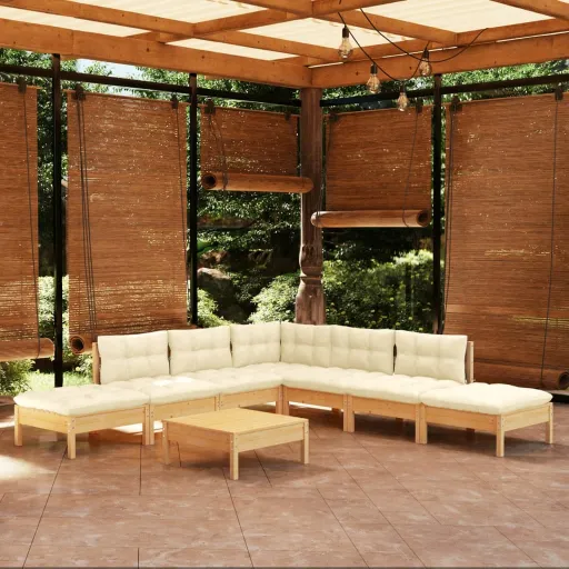 Conjunto Lounge Jardim c/ Almofadões Cor Creme Pinho (8 pcs)