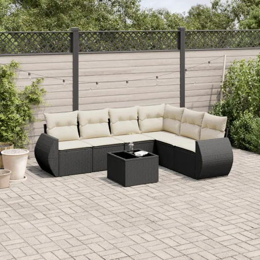 Conjunto de Sofás p/ Jardim c/ Almofadões Vime PE Preto (7 pcs)