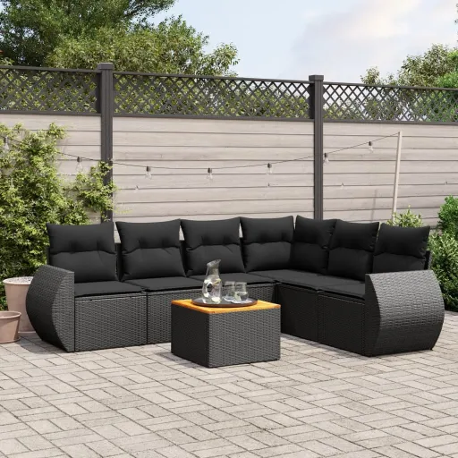 Conjunto de Sofás p/ Jardim c/ Almofadões Vime PE Preto (7 pcs)