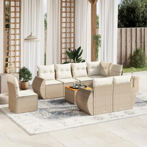 Conjunto de Sofás p/ Jardim com Almofadões Vime PE Bege (9 pcs)