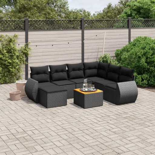 Conjunto Sofás de Jardim com Almofadões Vime PE Preto (8 pcs)