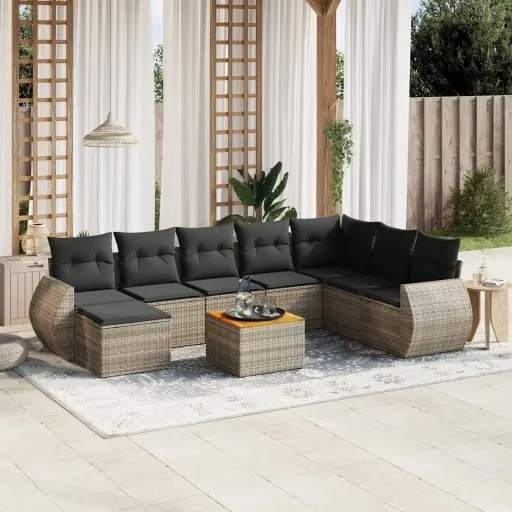 Conjunto Sofás p/ Jardim com Almofadões Vime PE Cinzento (9 pcs)