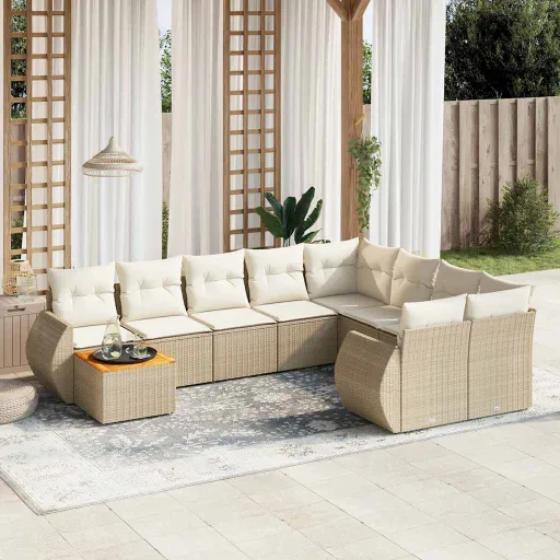Conjunto de Sofás p/ Jardim com Almofadões Vime PE Bege (10 pcs)