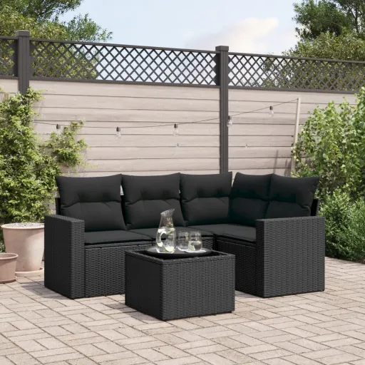 Conjunto Sofás de Jardim com Almofadões Vime PE Preto (5 pcs)