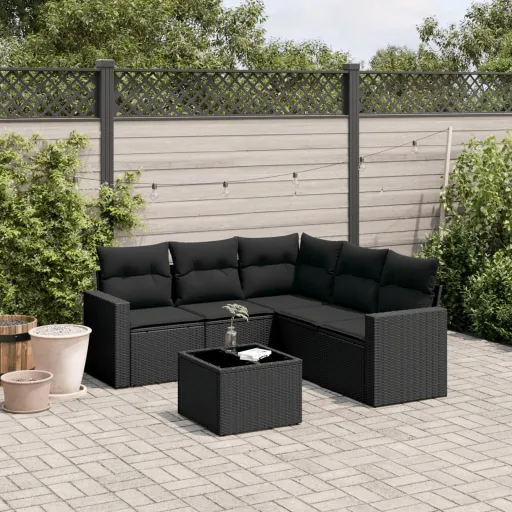 Conjunto Sofás de Jardim c/ Almofadões Vime PE Preto (6 pcs)
