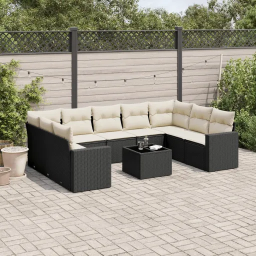 Conjunto Sofás de Jardim c/ Almofadões Vime PE Preto (10 pcs)