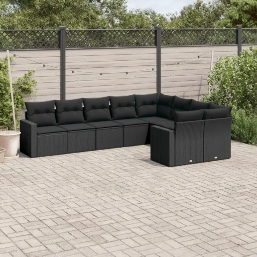 Conjunto de Sofás p/ Jardim c/ Almofadões Vime PE Preto (9 pcs)