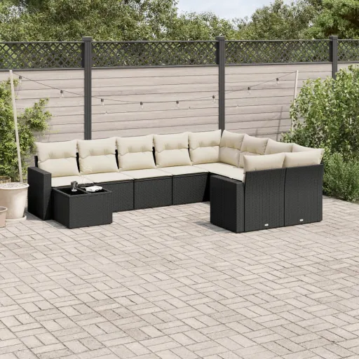 Conjunto Sofás de Jardim c/ Almofadões Vime PE Preto (10 pcs)