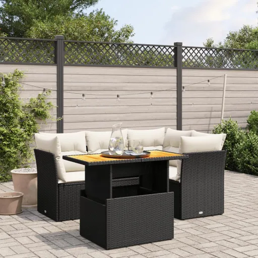 Conjunto Sofás de Jardim com Almofadões Vime PE Preto (5 pcs)