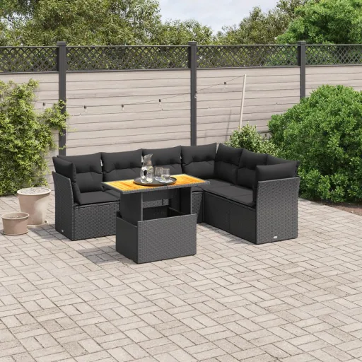 Conjunto de Sofás p/ Jardim c/ Almofadões Vime PE Preto (7 pcs)