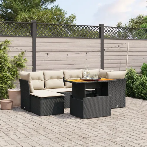 Conjunto de Sofás p/ Jardim c/ Almofadões Vime PE Preto (7 pcs)