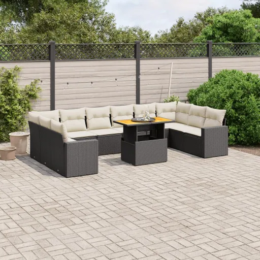 Conjunto Sofás de Jardim c/ Almofadões Vime PE Preto (11 pcs)