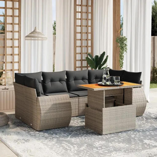 Conjunto Sofás p/ Jardim c/ Almofadões Vime PE Cinzento (7 pcs)