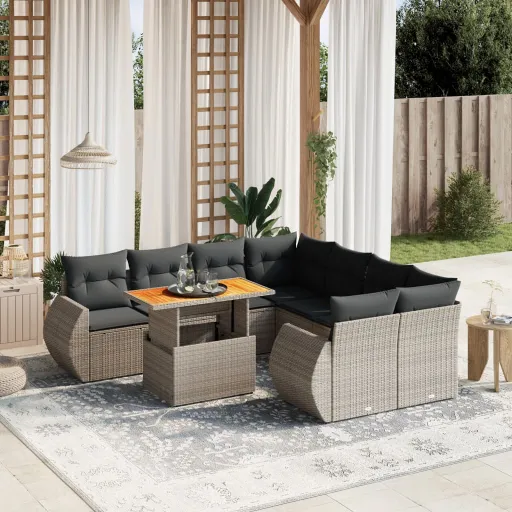 Conjunto Sofás p/ Jardim com Almofadões Vime PE Cinzento (9 pcs)