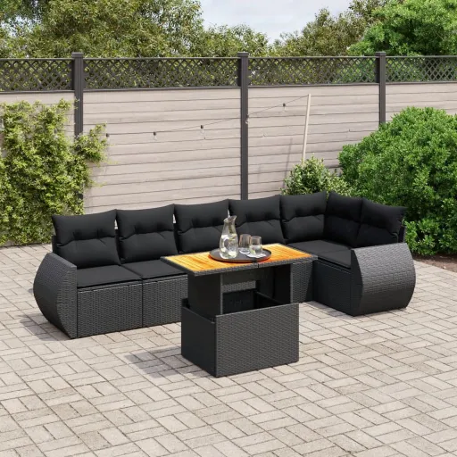 Conjunto de Sofás p/ Jardim c/ Almofadões Vime PE Preto (7 pcs)