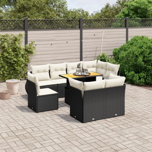 Conjunto de Sofás p/ Jardim c/ Almofadões Vime PE Preto (9 pcs)