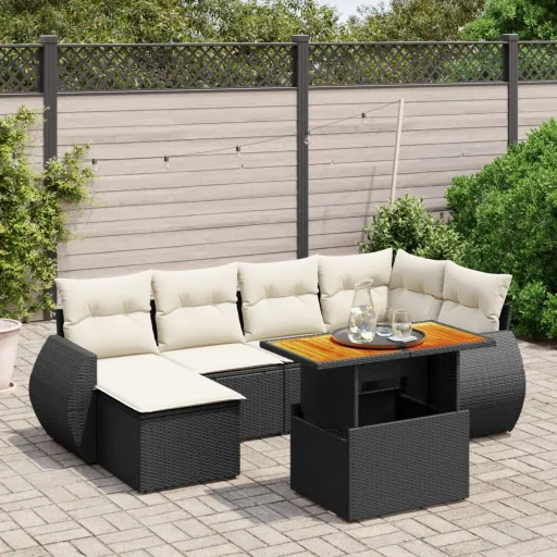 Conjunto de Sofás p/ Jardim c/ Almofadões Vime PE Preto (7 pcs)