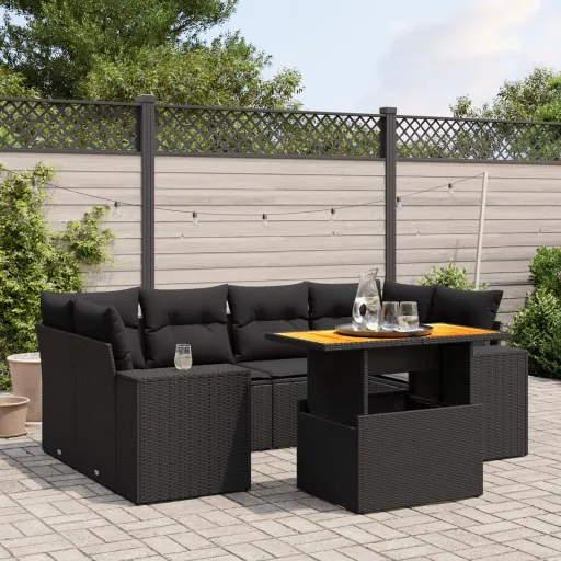 Conjunto de Sofás p/ Jardim c/ Almofadões Vime PE Preto (7 pcs)