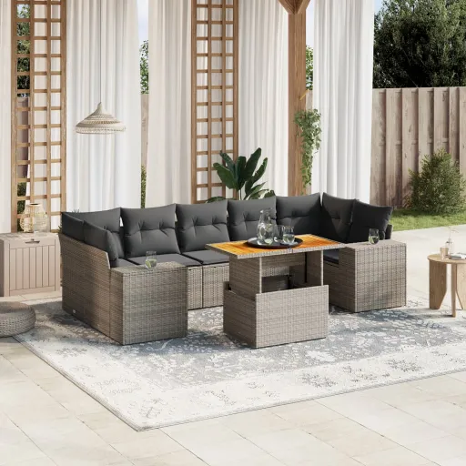 Conjunto Sofás de Jardim c/ Almofadões Vime PE Cinzento (8 pcs)