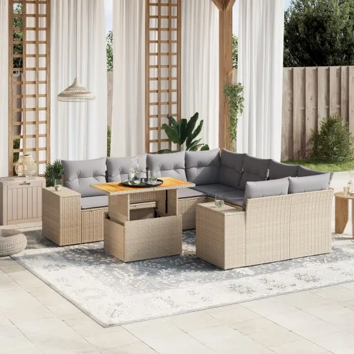 Conjunto de Sofás p/ Jardim com Almofadões Vime PE Bege (9 pcs)