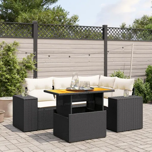 Conjunto Sofás de Jardim com Almofadões Vime PE Preto (5 pcs)
