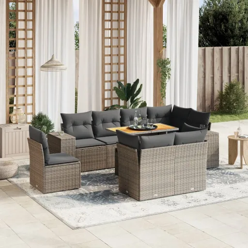 Conjunto Sofás p/ Jardim com Almofadões Vime PE Cinzento (9 pcs)