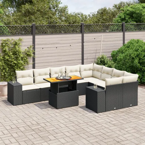 Conjunto Sofás de Jardim c/ Almofadões Vime PE Preto (10 pcs)