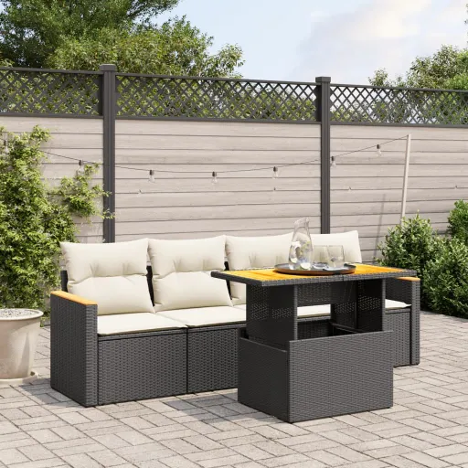 Conjunto Sofás de Jardim com Almofadões Vime PE Preto (5 pcs)