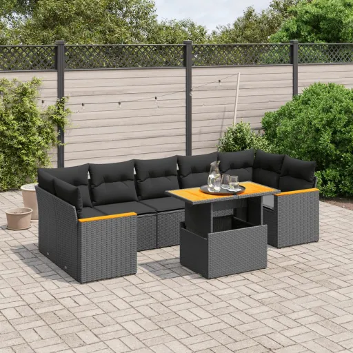 Conjunto Sofás de Jardim com Almofadões Vime PE Preto (8 pcs)