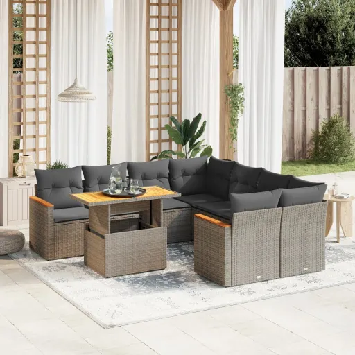 Conjunto Sofás p/ Jardim com Almofadões Vime PE Cinzento (9 pcs)